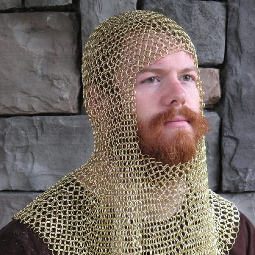 brass chainmail coif, chain mail armor hood